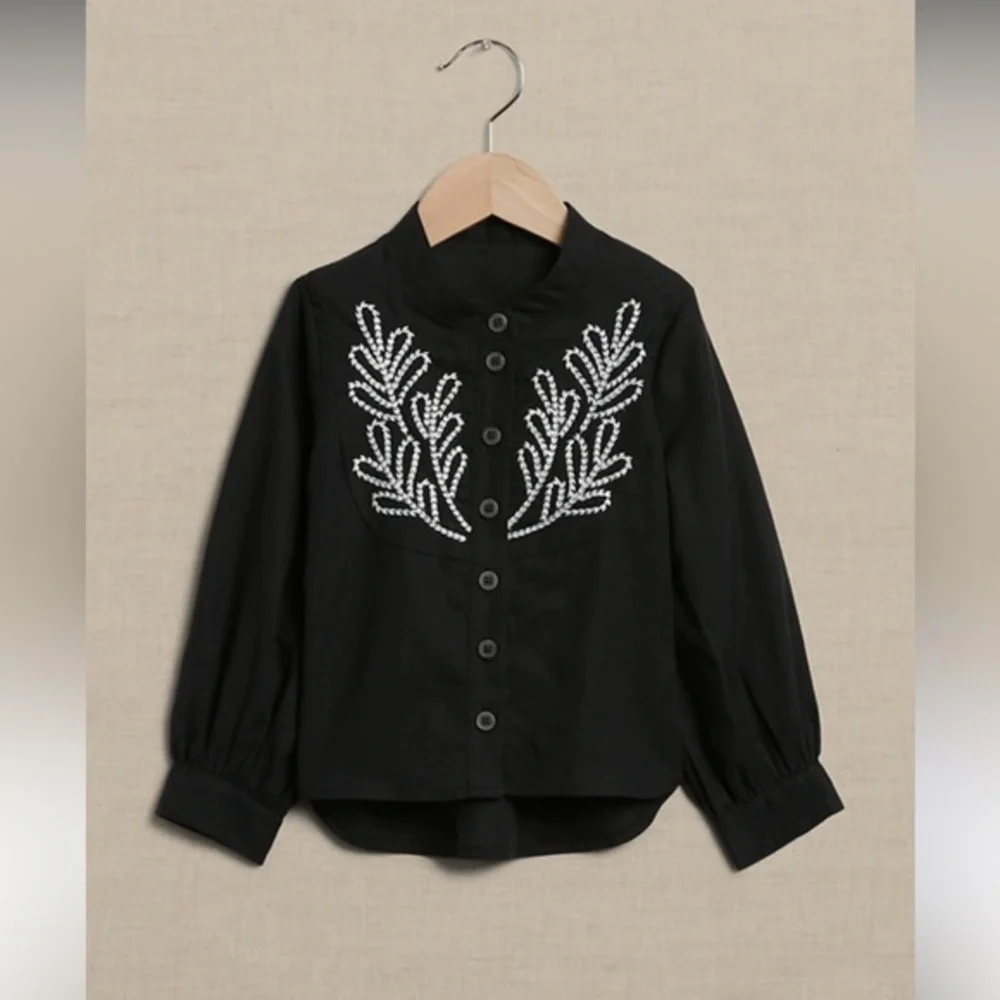 Black Button-Up Shirt with White Embroidery