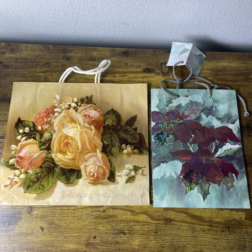 Vtg Lot Of 2 Artististic Gift Bags Floral Glossy