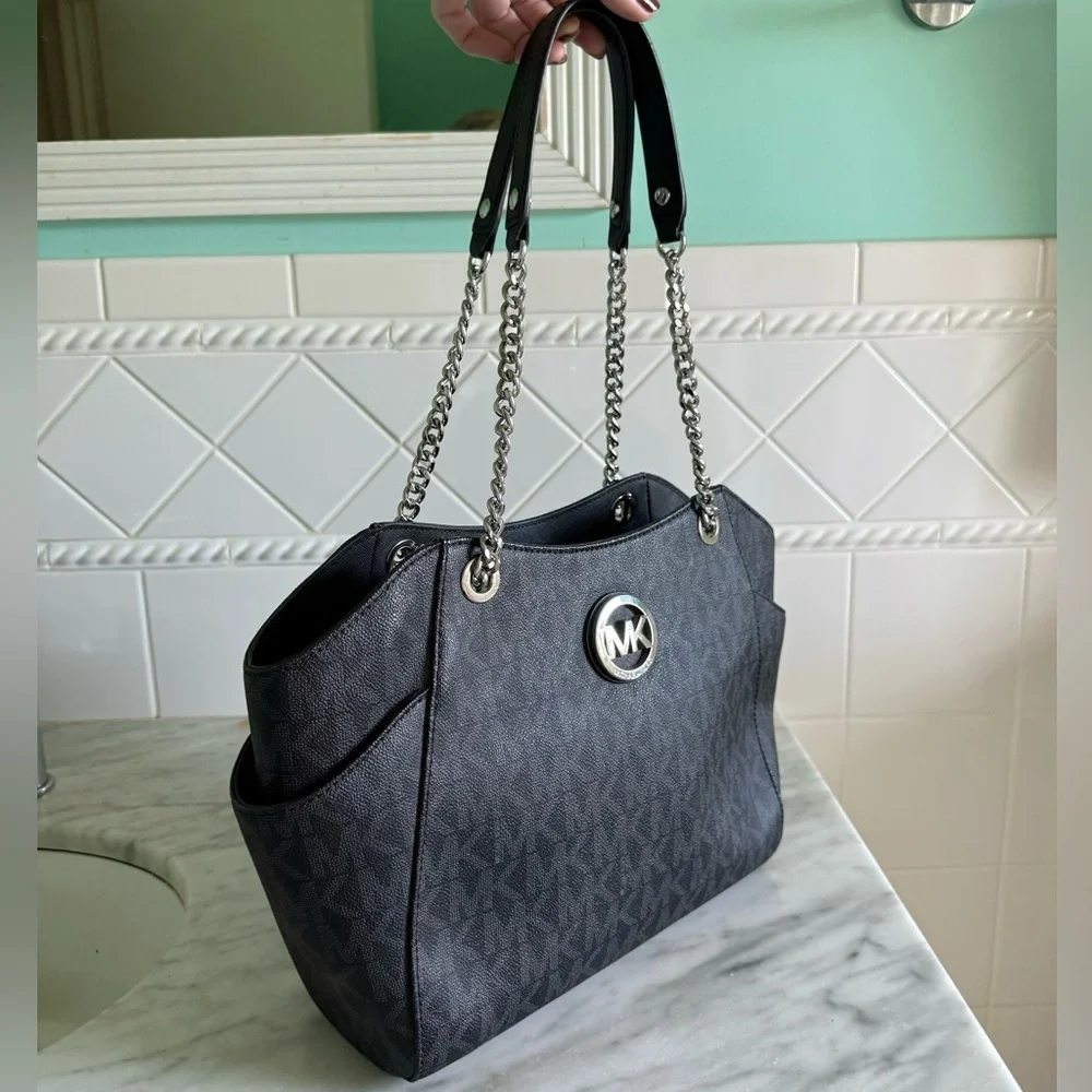 Black Leather Large Logo Tote Bag