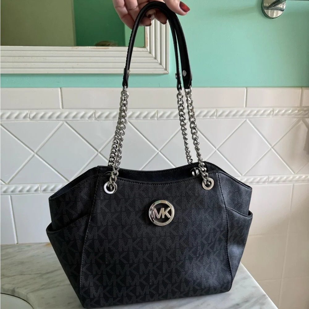 Black Leather Large Logo Tote Bag