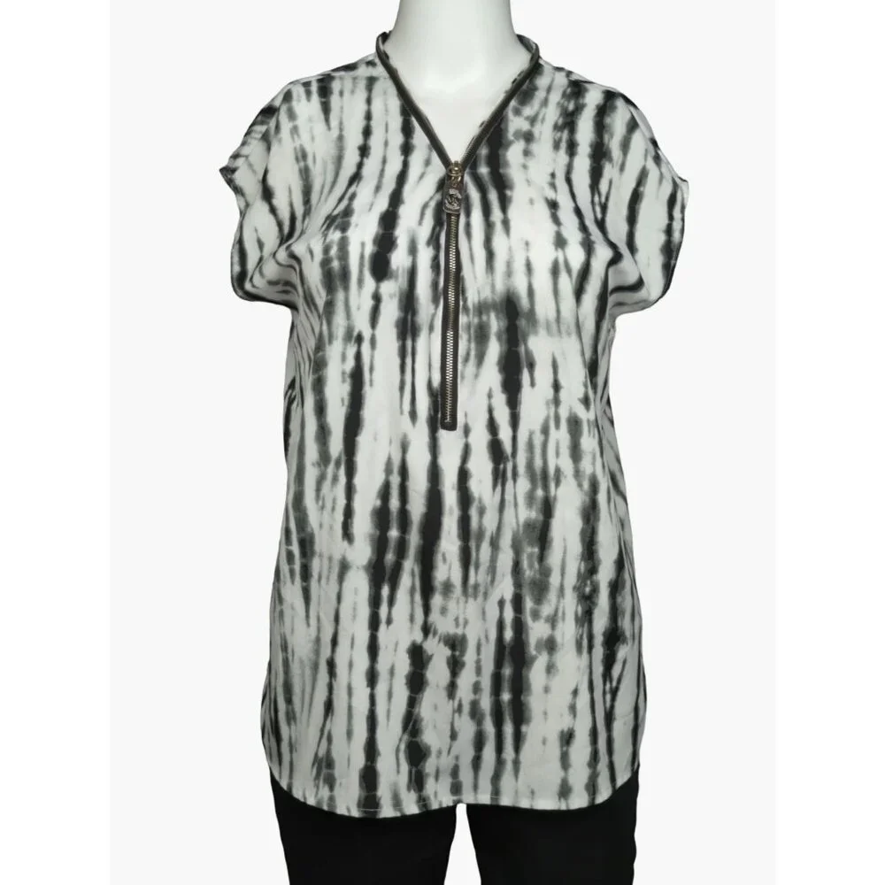Michael Kors Womens Small Tie Dye Top Zipper Accent Short Sleeve