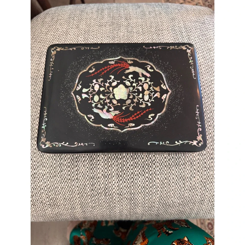 Korean Black Lacquer Box Mother of Pearl Inlay Phoenix Floral Hanji Najeonchilgi