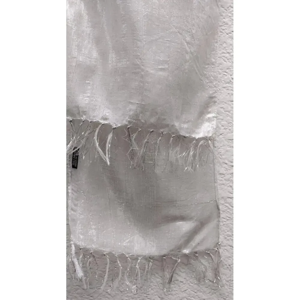 1970s Silver Metallic Long Scarf 70s GLAM UNISEX RAYON FRINGE SCARF DISCO ERA