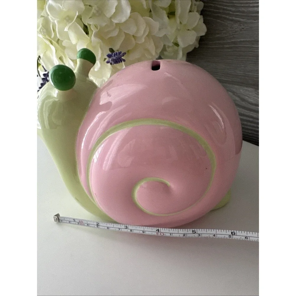 Whimsical Ceramic Snail Piggy Bank Pink & Green Nursery Decor Coin Bank 6
