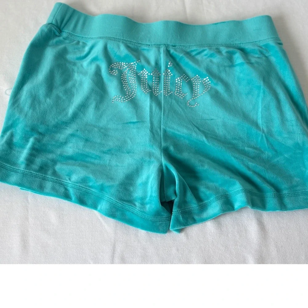 Juicy Couture Teal Blue Velour Rhinestone Logo Lounge Shorts Womens Large new