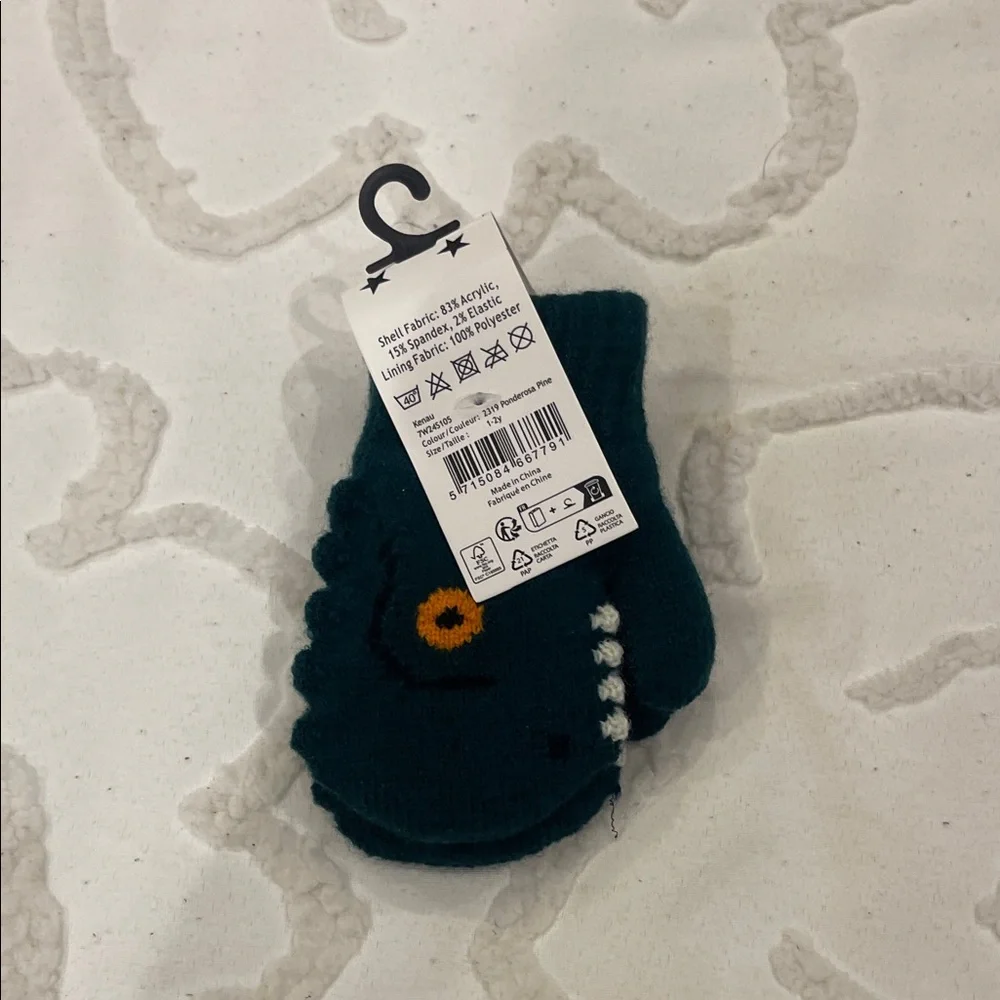 Molo Dark Teal Mittens with Dinosaur Design