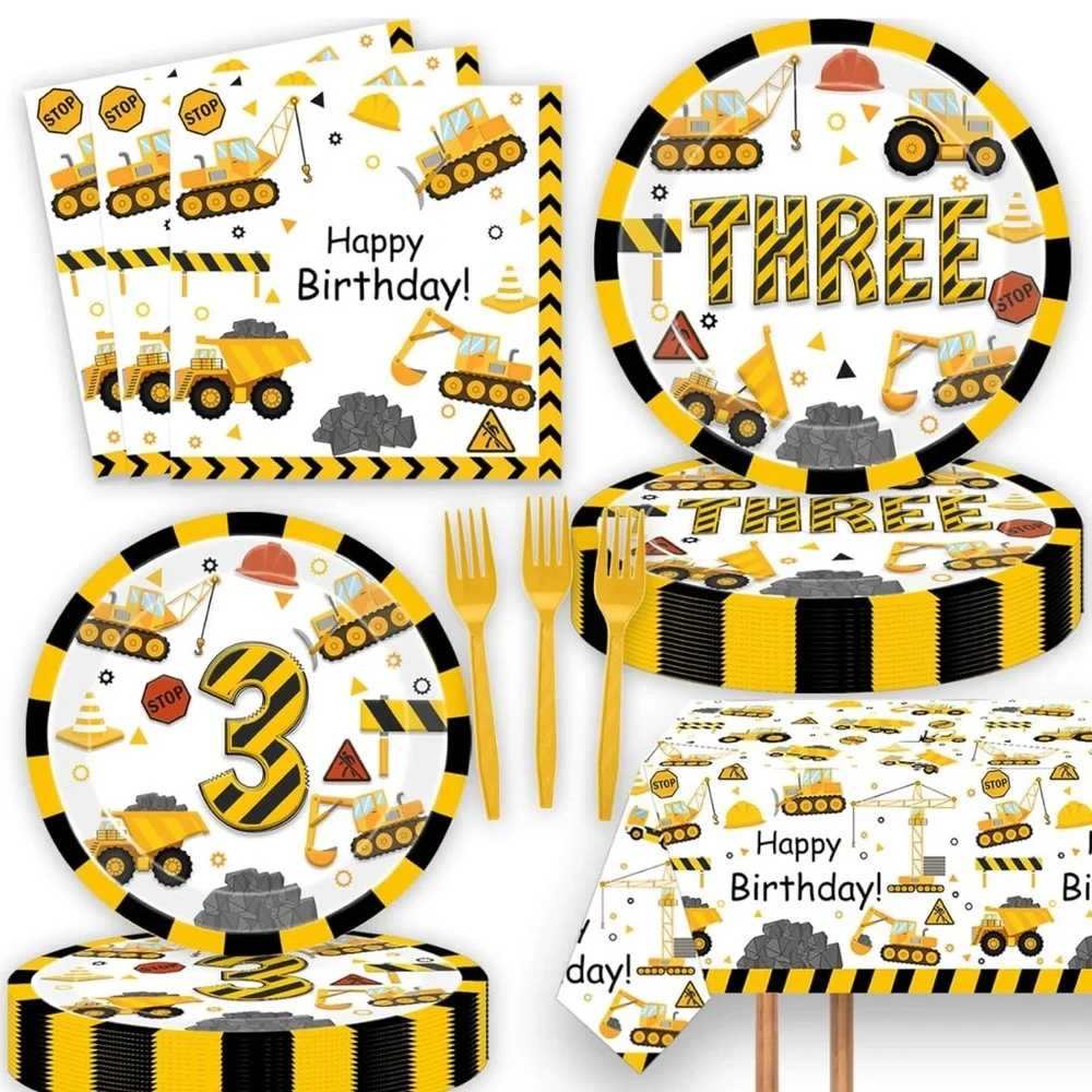 52 Pcs Construction 3rd Birthday Party Supplies