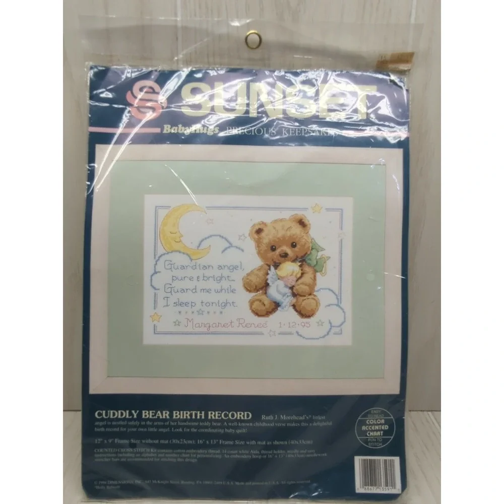 Sunset Cuddly Bear Birth Record Counted Cross Stitch Kit Ruth Morehead
