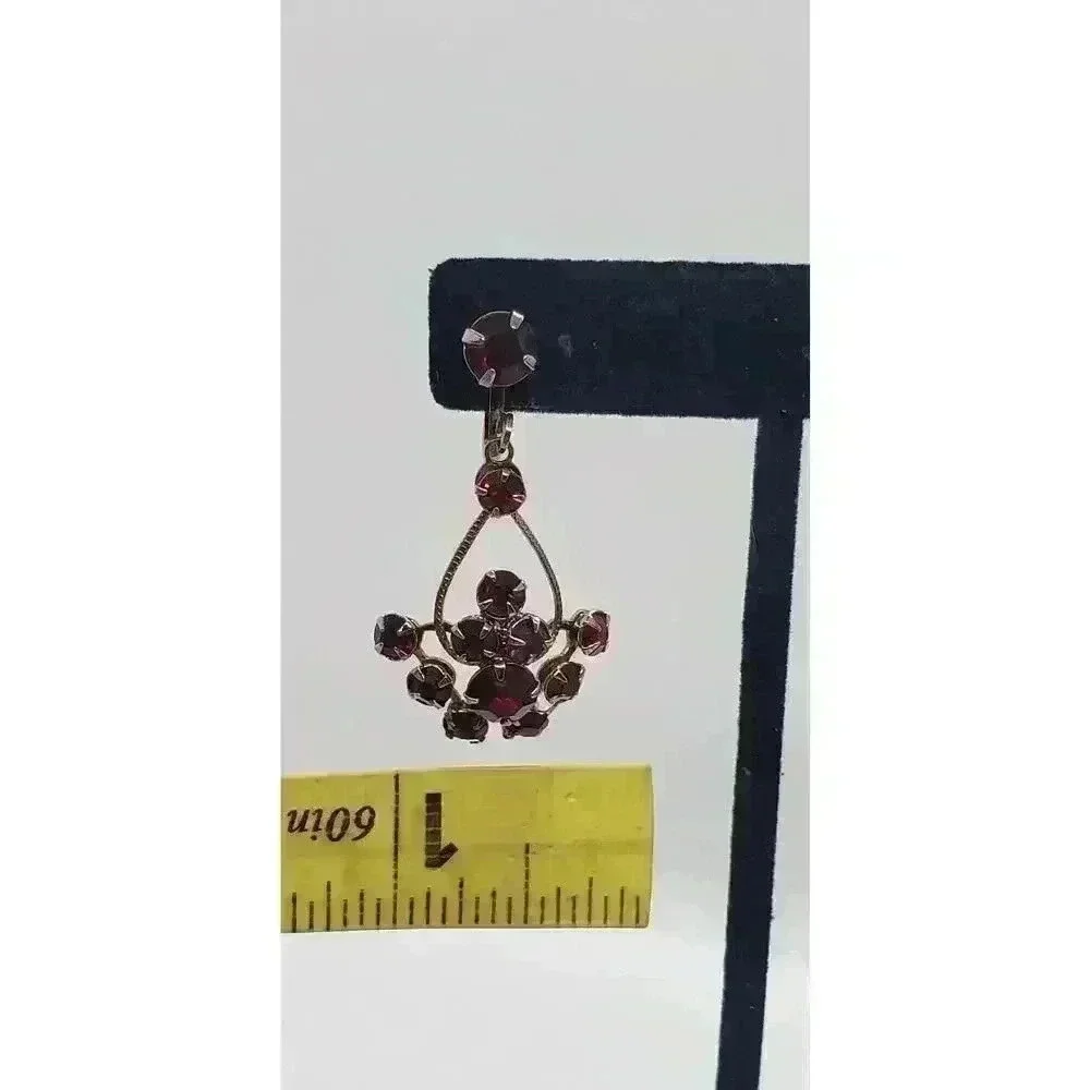 Earrings Cherry Red Long Dangle cluster Rhinestone Vintage Screw Chandelier