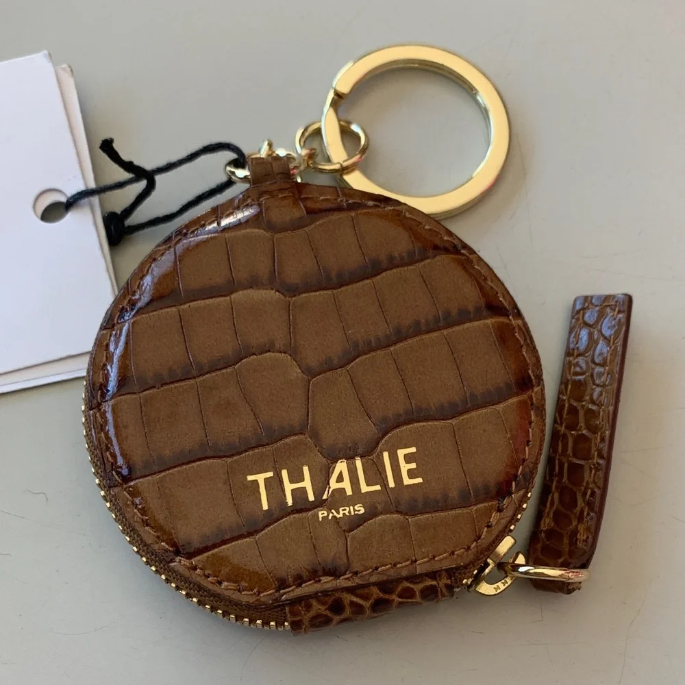 THALIE Paris Brown Croc-Embossed Keychain Wallet