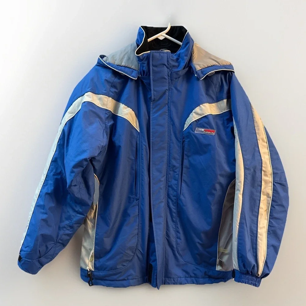 Karbon Kids Ski Snowboarding Jacket Blue Gray Hooded Sz 16‎ Winter Detach Hood