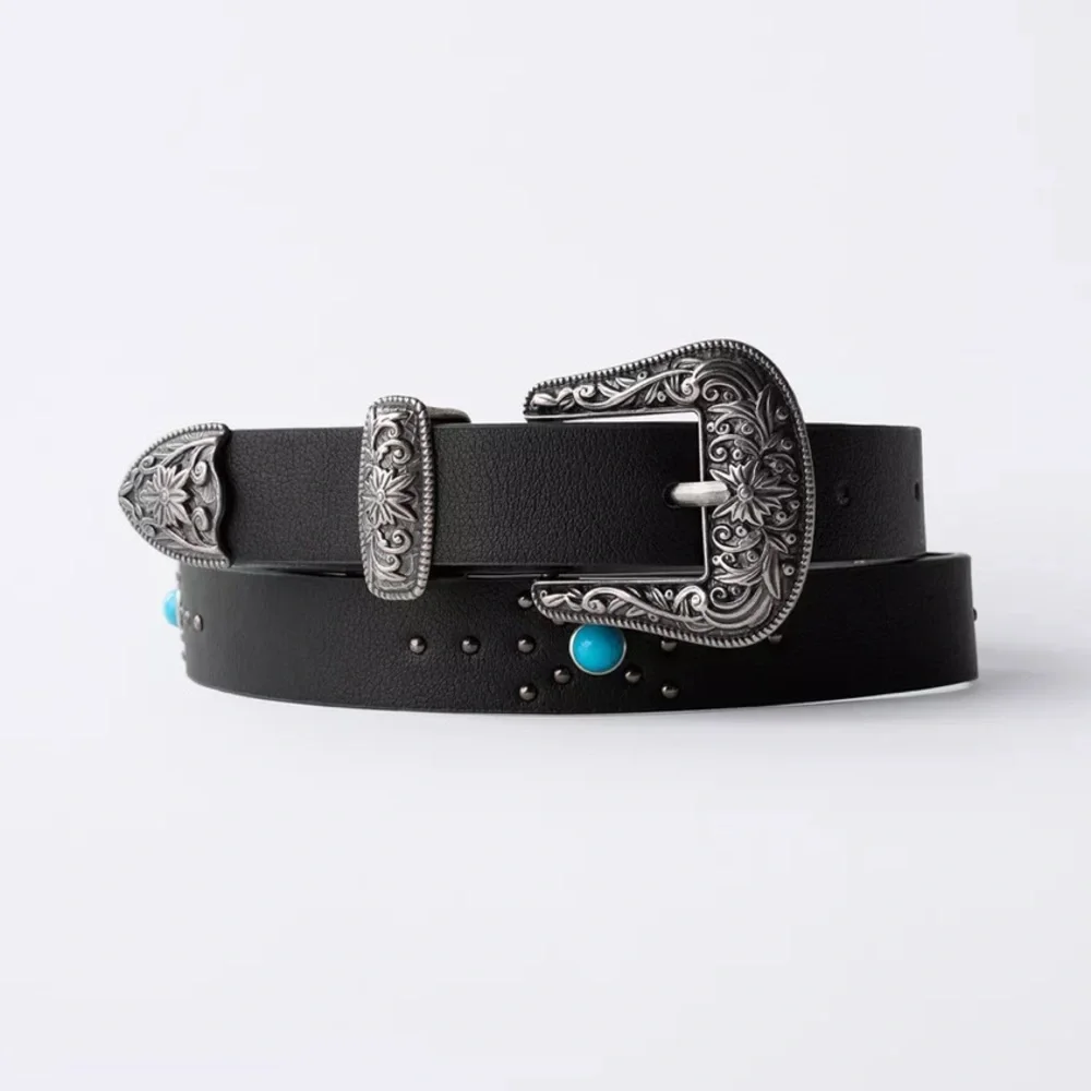 Zara Black Belt with Silver Western Buckle and Turquoise Studs