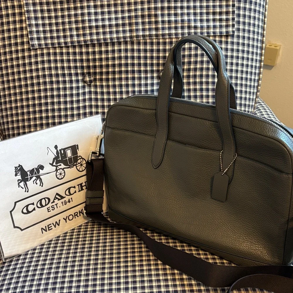 Coach Dark Gray pebbled Leather Men's Briefcase; grey black