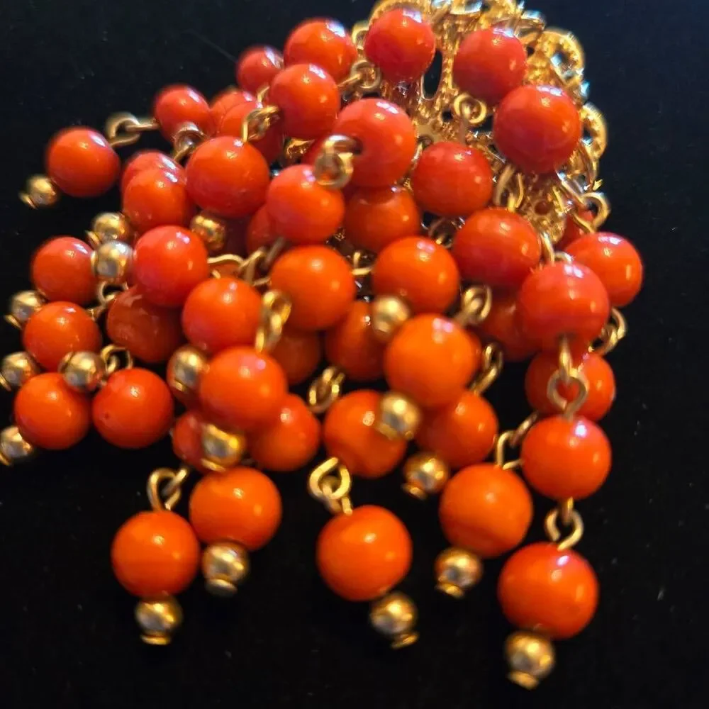 Vintage Gold Tone Orange Coral Cluster Waterfall Beaded Brooch Pin