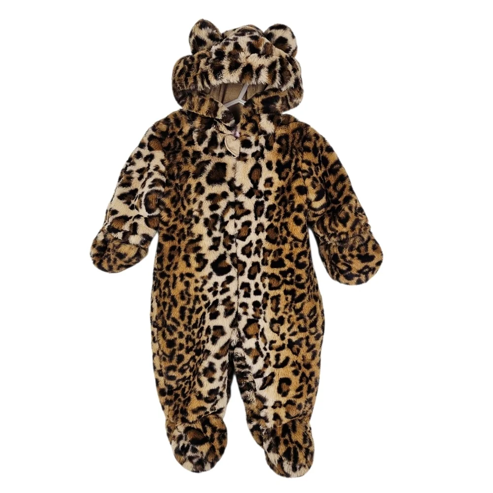 Liv & Lottie Baby Girls Cozy Leopard Faux Fur 3D Ear Hoodie One Piece Bodysuit