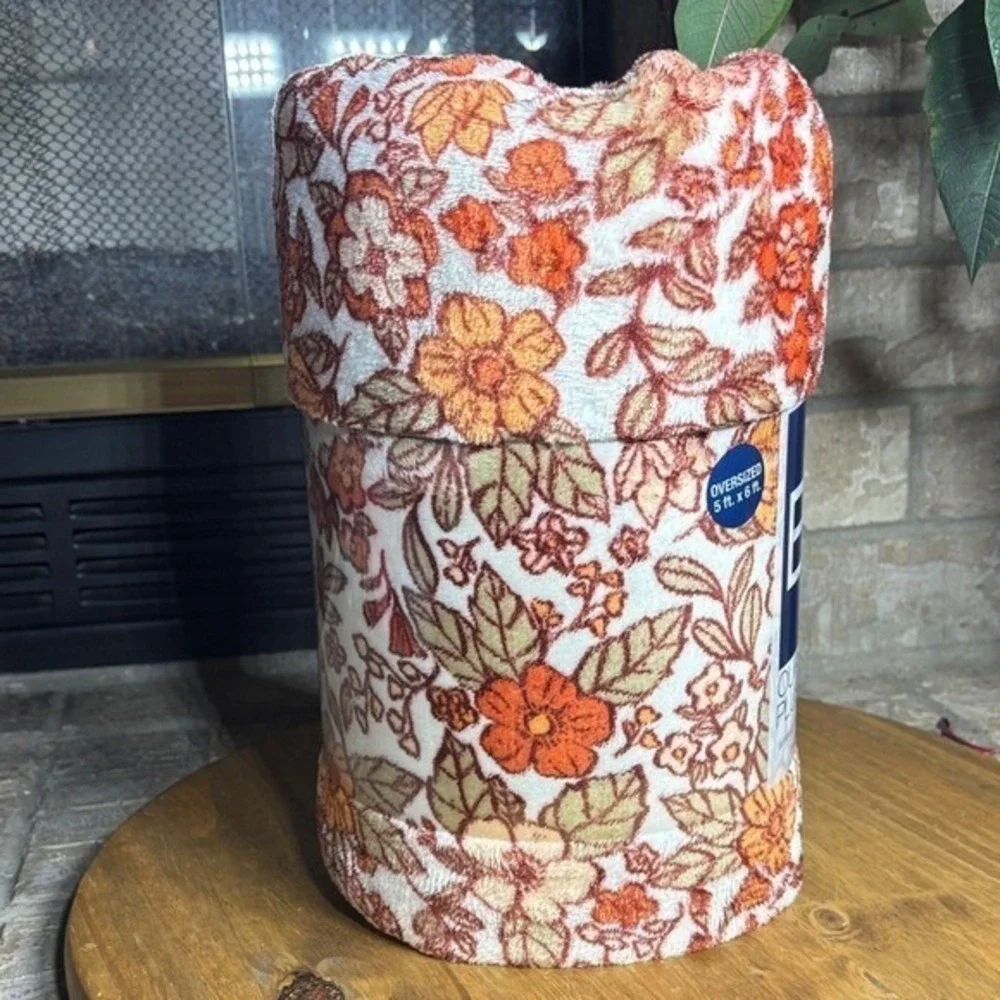 Autumn Floral Retro Orange 5x6 ft Oversized Fall Throw Blanket The Big One NEW