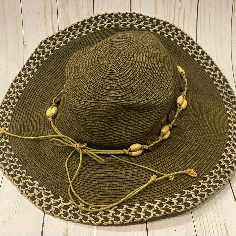 Karen Keith Wide Brim Boho Hat Women's Beeded‎ Olive Size Medium