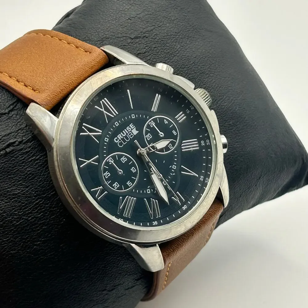 Cruise Club Men’s Chronograph Brown Leather Watch Working New Battery