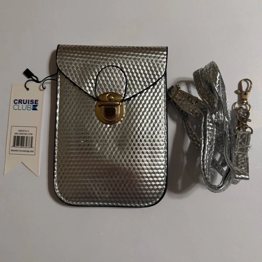 Cruise Club Metallic Silver Crossbody Pouch/Bag with Gold Lock. 2 Compartments