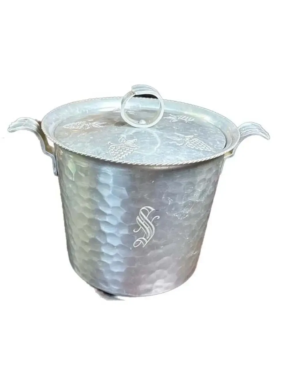 Vintage Buenilum Hand Wrought Hammered Aluminum Ice Bucket Lid Grape Detail