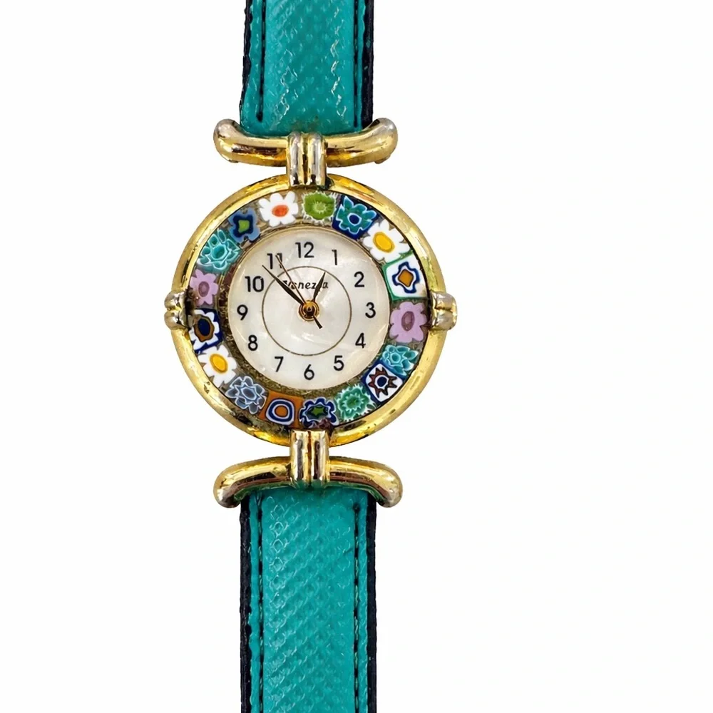 Vintage Murano Millefiori Glass Watch | Gold Tone | Turquoise Leather | Working