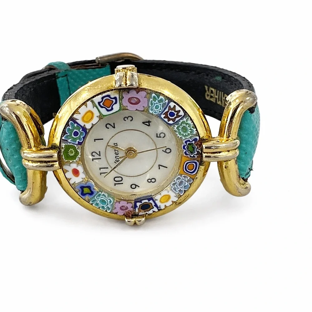 Vintage Murano Millefiori Glass Watch | Gold Tone | Turquoise Leather | Working