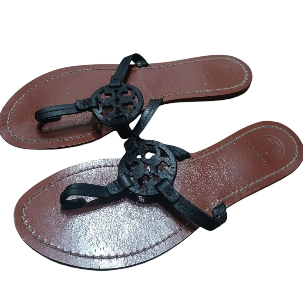 Tory Burch Miller Leather Thong Flat Sandals Women's Size 9 Black Brown Iconic