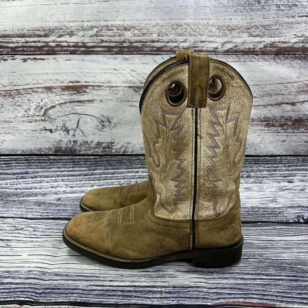 Smoky Mountain Boots Drifter Brown & White Leather Square Toe Western, Youth 3.5