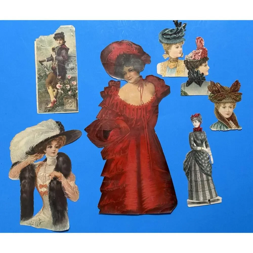 Lot of 4 Victorian Color Paper Scraps Fashionable Ladies w/ Big Hats