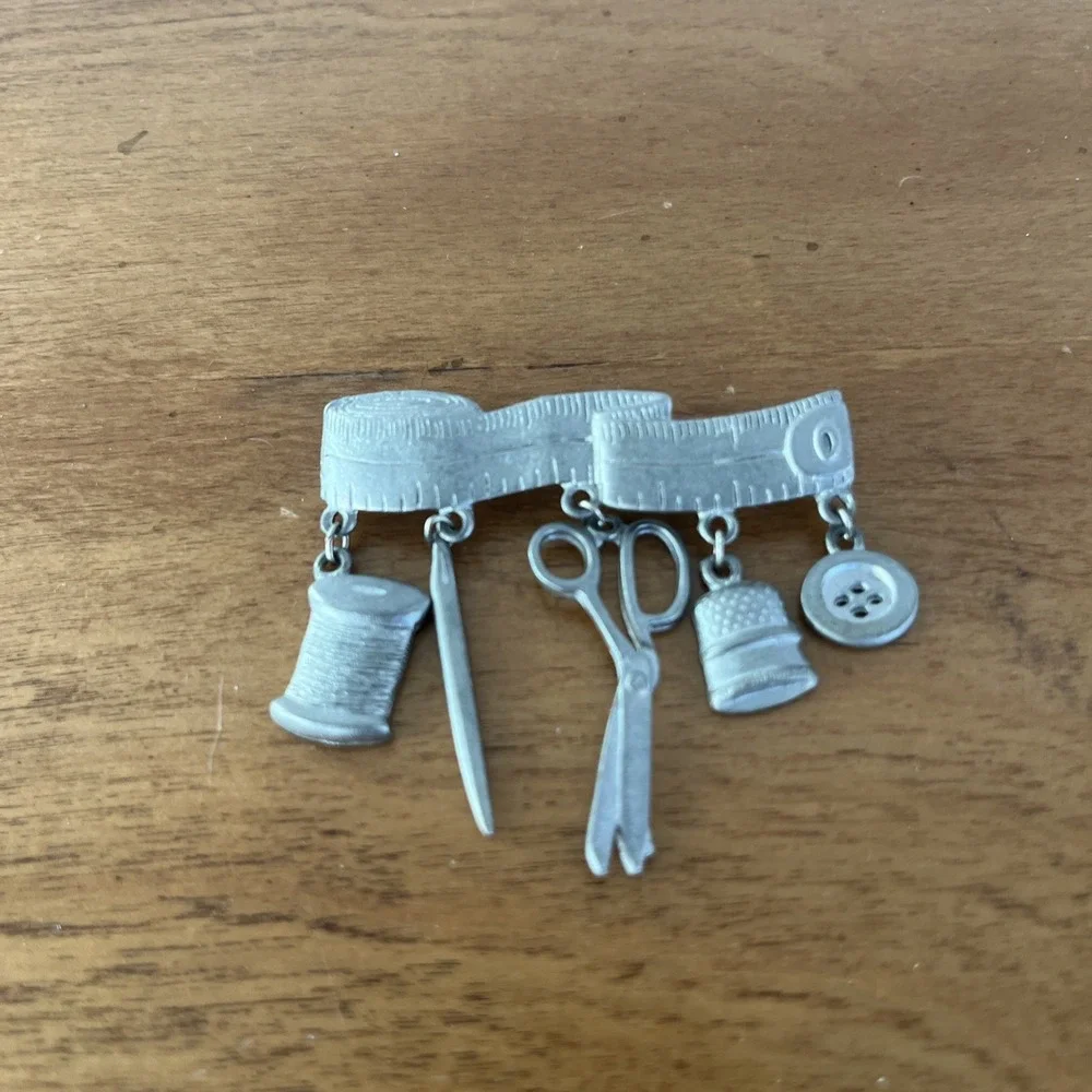 Vintage JJ Pewter Pin Brooch Sewing Charms Spool Thimble Needle Button Scissors