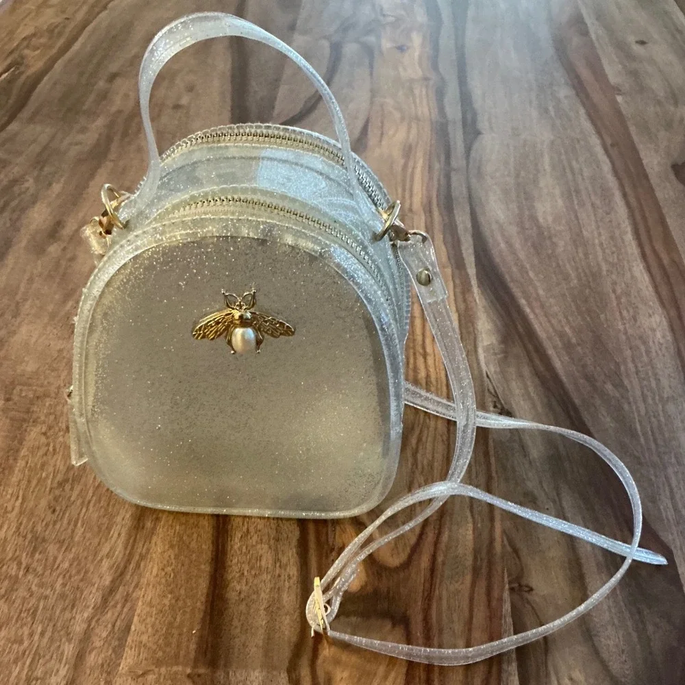 Doe A Dear Bee Mini Jelly Purse Clear Silver Glitter Kids Girls Shoulder Bag‎