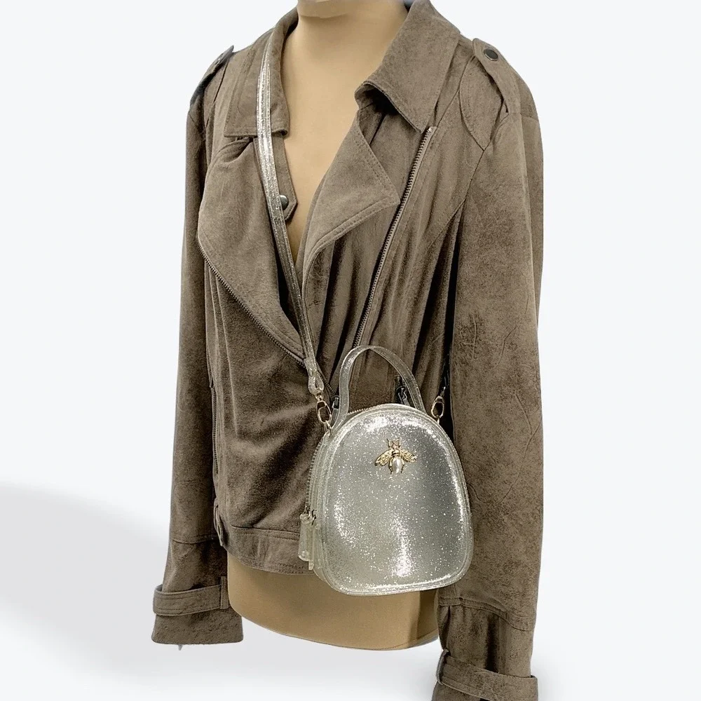 Doe A Dear Bee Mini Jelly Purse Clear Silver Glitter Kids Girls Shoulder Bag‎