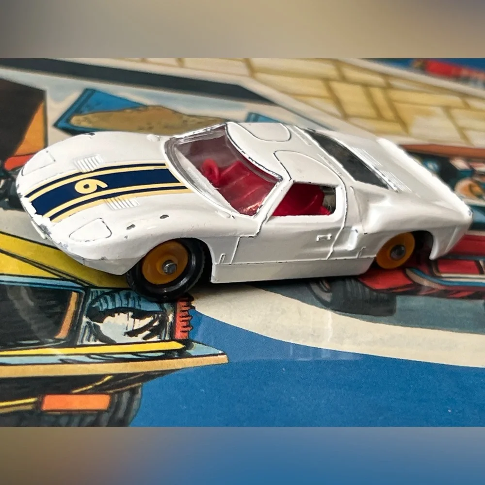 Vintage Matchbox No. 41 Ford GT White Blue Stripe  Yellow Wheels Lesney England