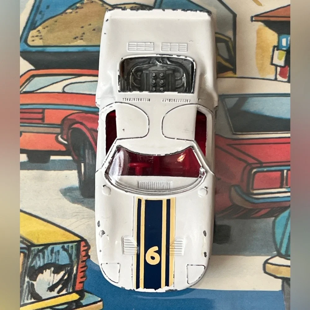 Vintage Matchbox No. 41 Ford GT White Blue Stripe  Yellow Wheels Lesney England