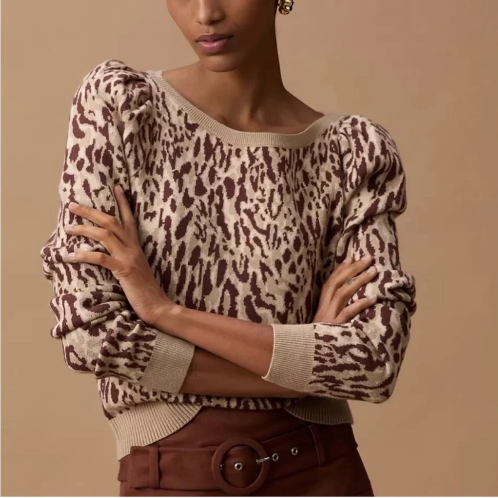 Anthropologie Maeve Knit Leopard Print Sweater XL Puff Sleeve Soft‎ Chic Neutral