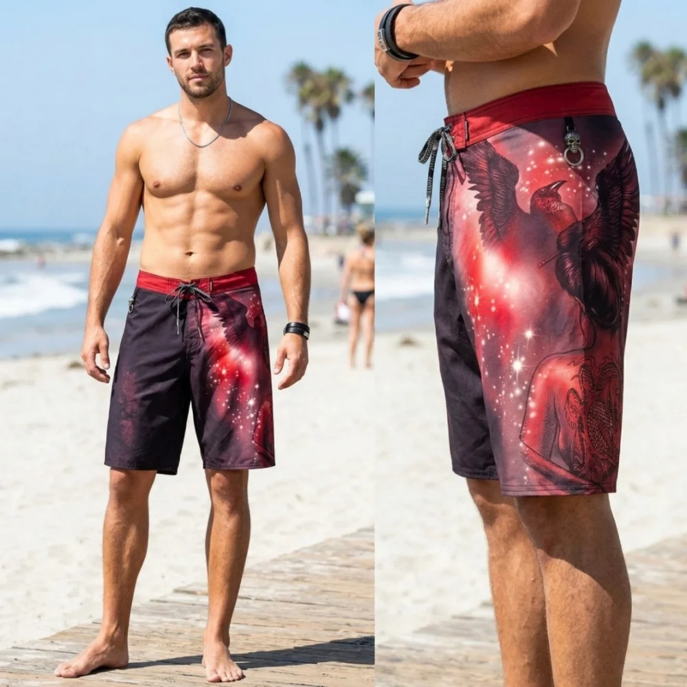 Affliction Board Shorts Men’s 42 Red Black Crow Dragon Graphic Swim Trunks