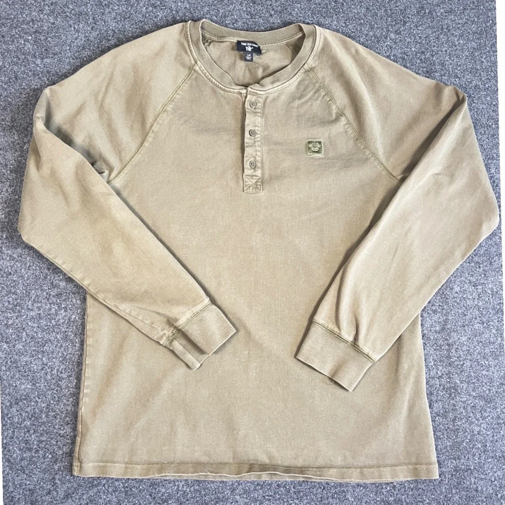 True Religion Mens Long Sleeve Henley Shirt Olive Green Raglan Cotton Large