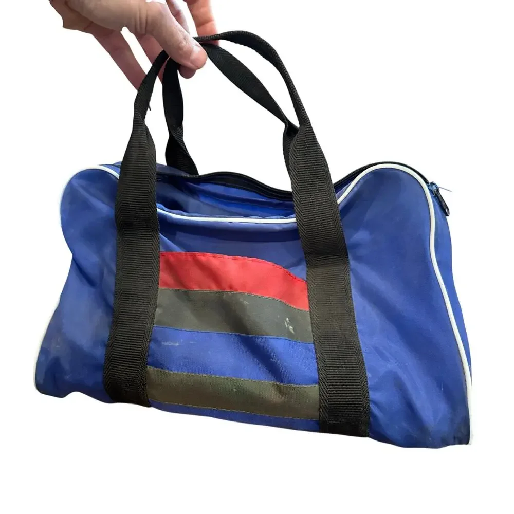 Vintage Small Blue Duffle Bag / Toiletries? Camera? Storage Red Green Striped