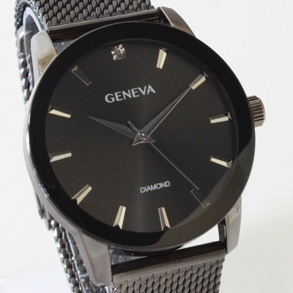 Geneva Men's Dress Watch Gun Metal Finish Diamond At 12 Milanese Bracelet 42mm