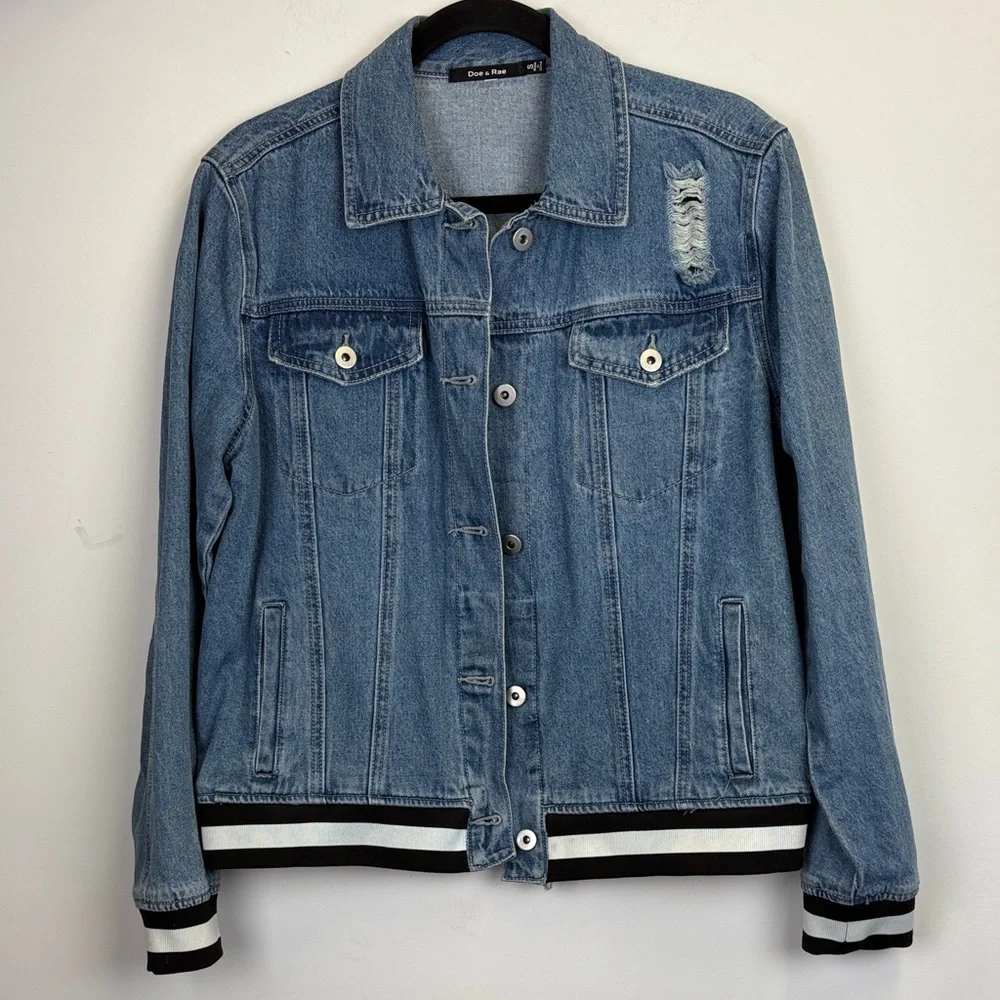 Doe & Rae Blue Distressed Denim Jacket With Stripes Size Small