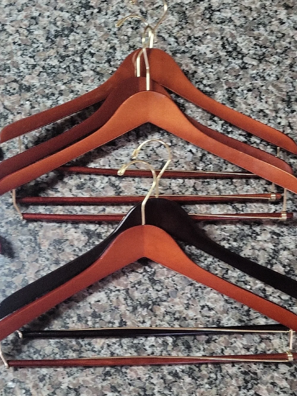 Lot of 7 Wooden Clothing Hangers in Warm Brown & Dark Mahogany 5 blouses 2 pants