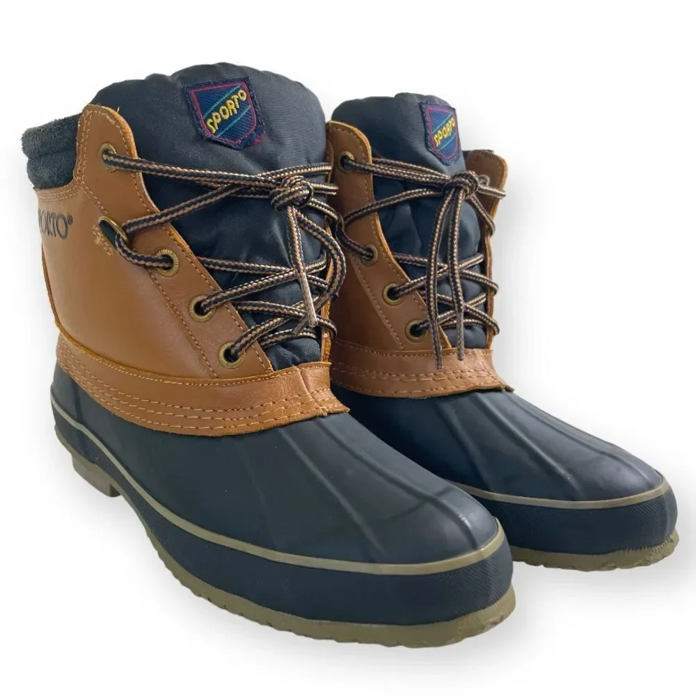 Sporto Duck Boots Thermolite Navy Tan Leather Lace Up Insulated‎ Lining