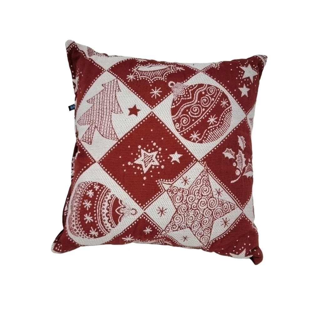 DEKOTAH 18x18 Christmas Tapestry Pillow Holly Red White Stars T05