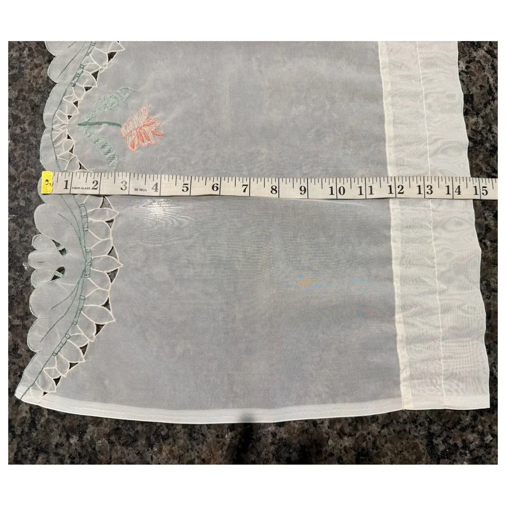 Set of 2 Vintage Sheer White Floral Embroidered Scalloped Valance Curtain 58x14