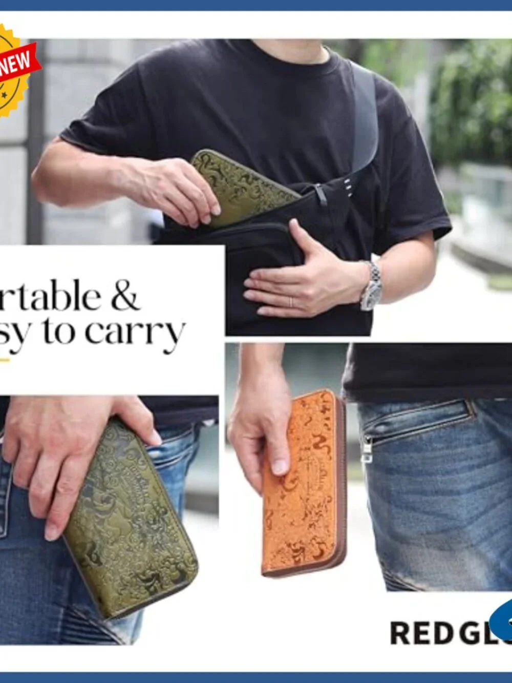 Men's Genuine Leather Long Wallet with Dragon Embossed Design, Large Capacity