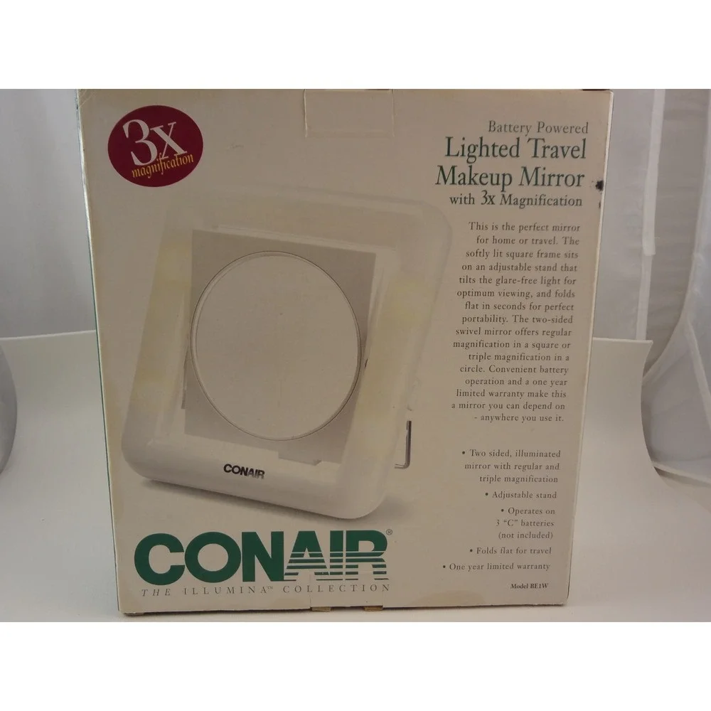 Conair Lighted Travel Makeup Mirror W/ 3x Magnification Square‎ Vintage 1990's