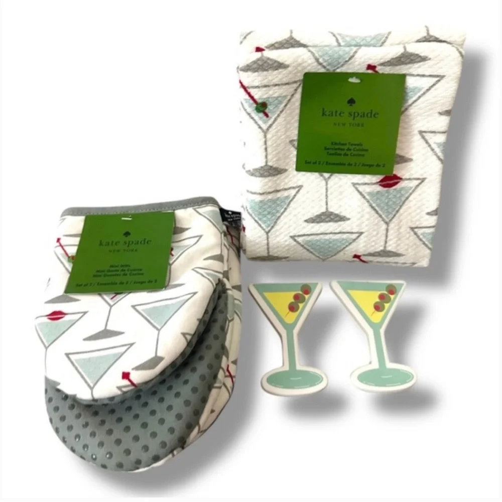 kate spade martini set of 3 in white & aqua  | towels, mitt, magnets NWT