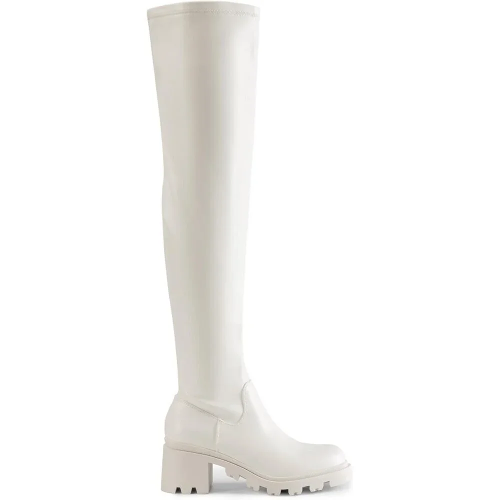 Women's White-pu Faux Leather Knee High Over The Knee High Chunky Heel Boots