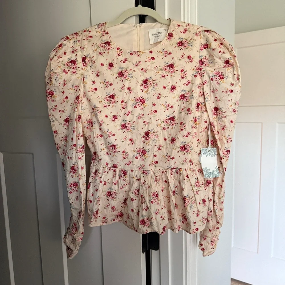 NWT Tuckernuck Hyacinth House Peplum Floral Puff Sleeve Top New Blouse pink