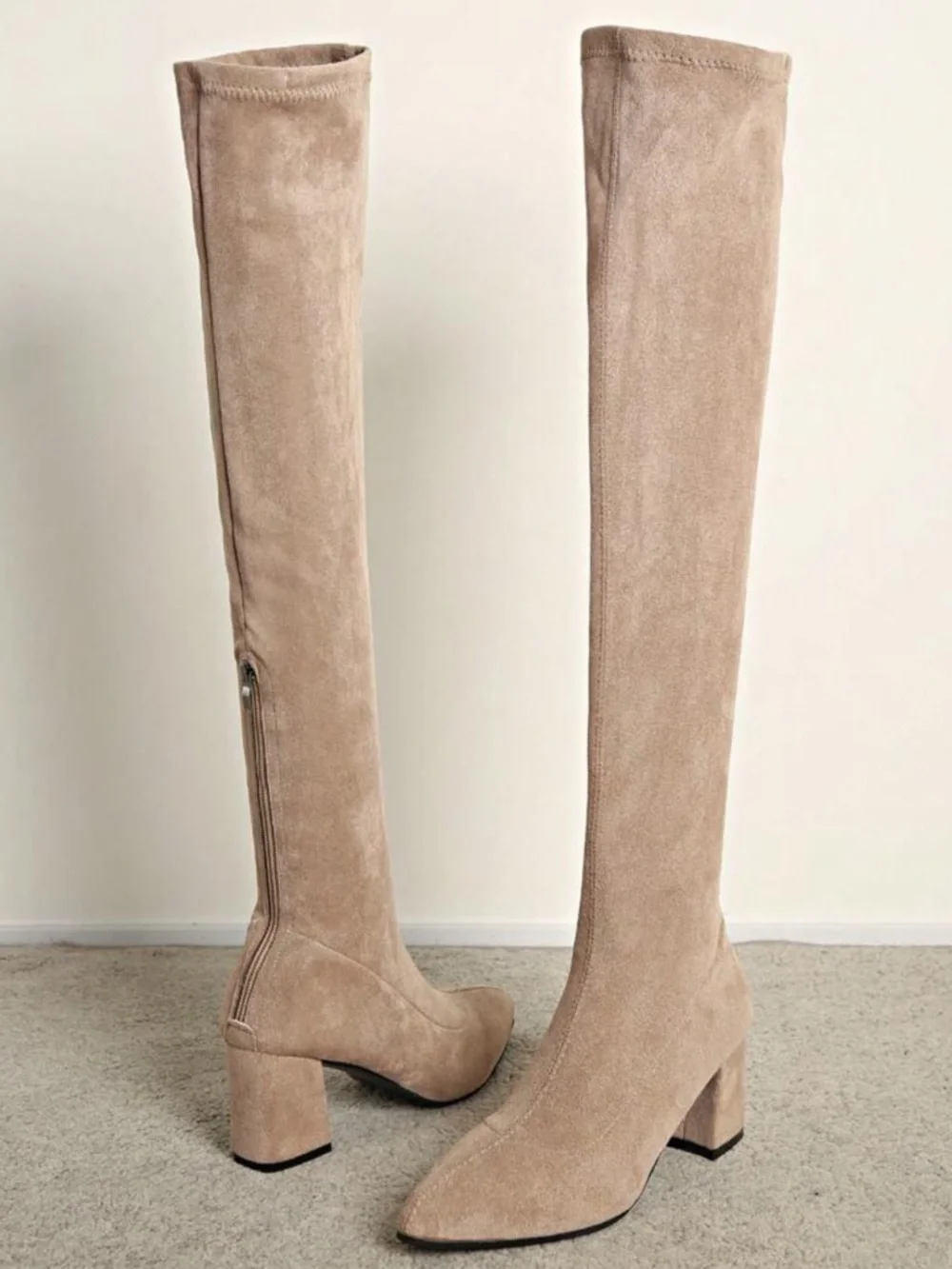 Beige Over-The-Knee Suede Boots – Chunky Heel Thigh High Boots - 9.5